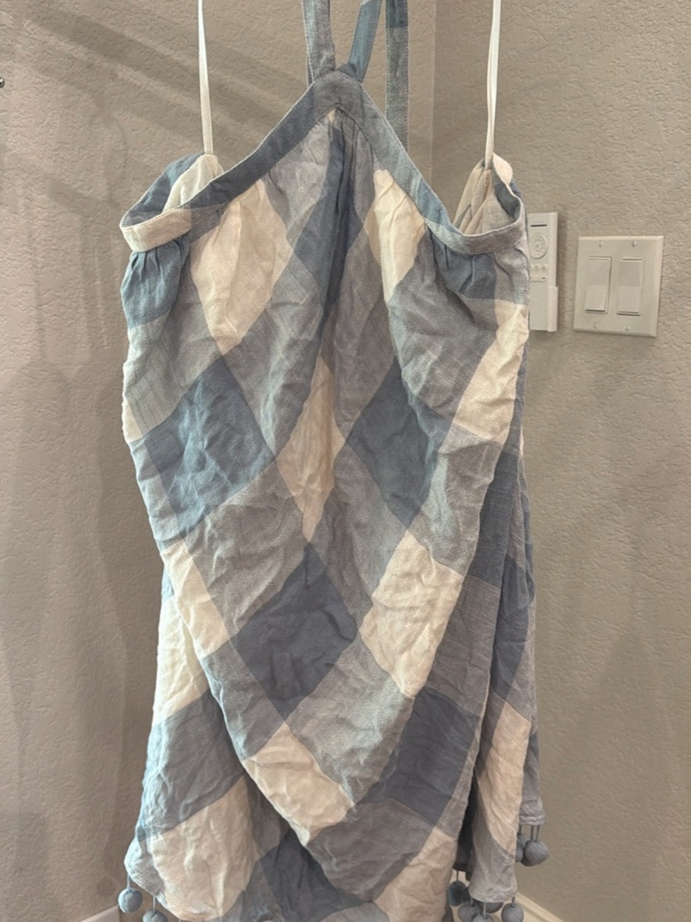 Tularosa Blue and Cream Gingham Sundress with Pom Tassels